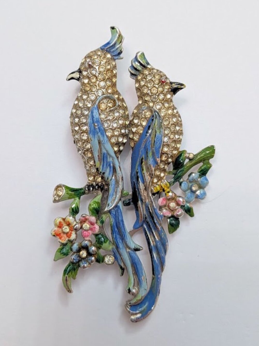 Vintage Coro Duette Bird Brooch Rhinestone Enamel Double Dress Clips